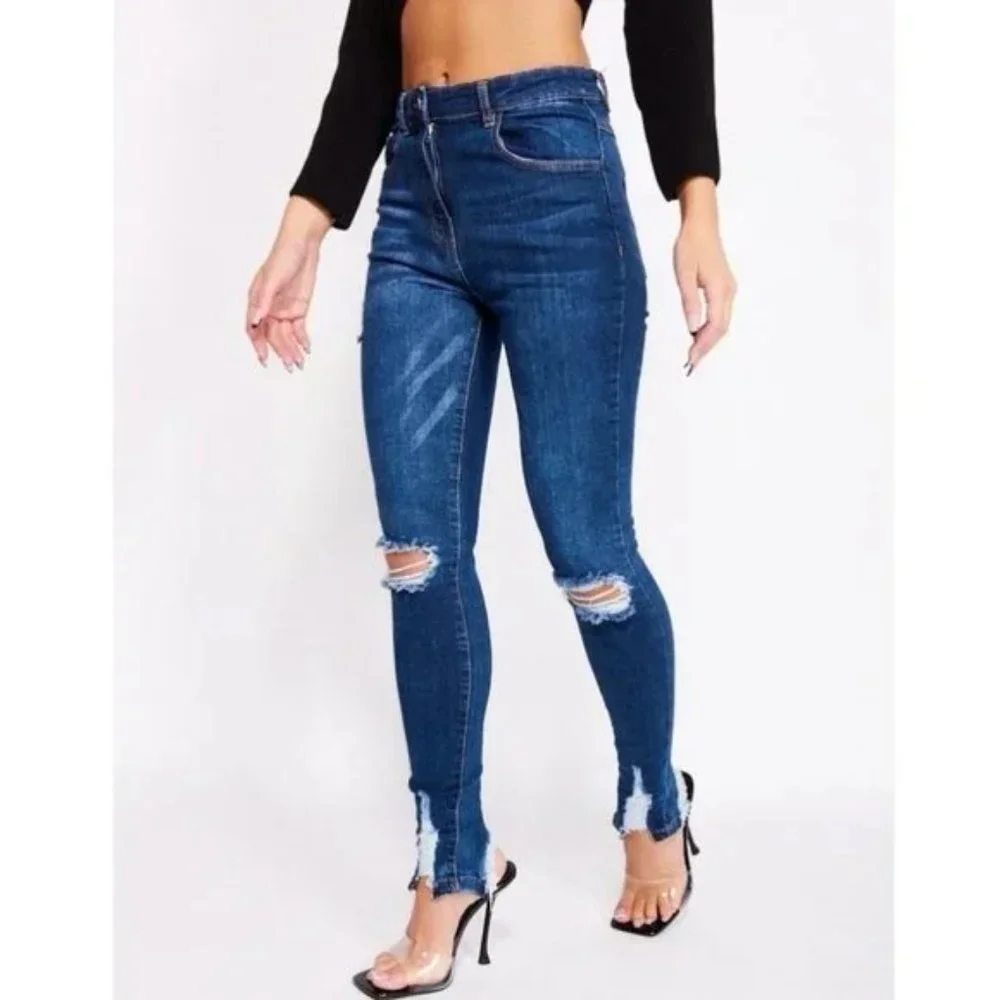 Blue High Waist Ripped Distressed Split Hem Skinny Jeans Denim Pants - Picture 8 of 13